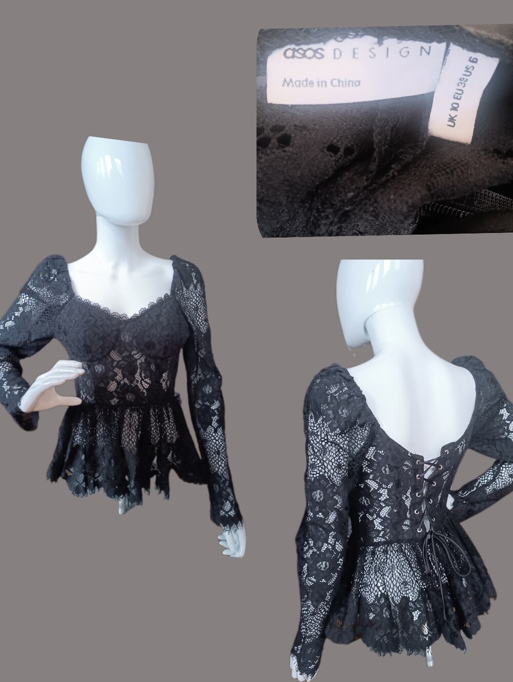 Now $5.  ASOS Black Lace Peplum Corset-Back Long Sleeve Top